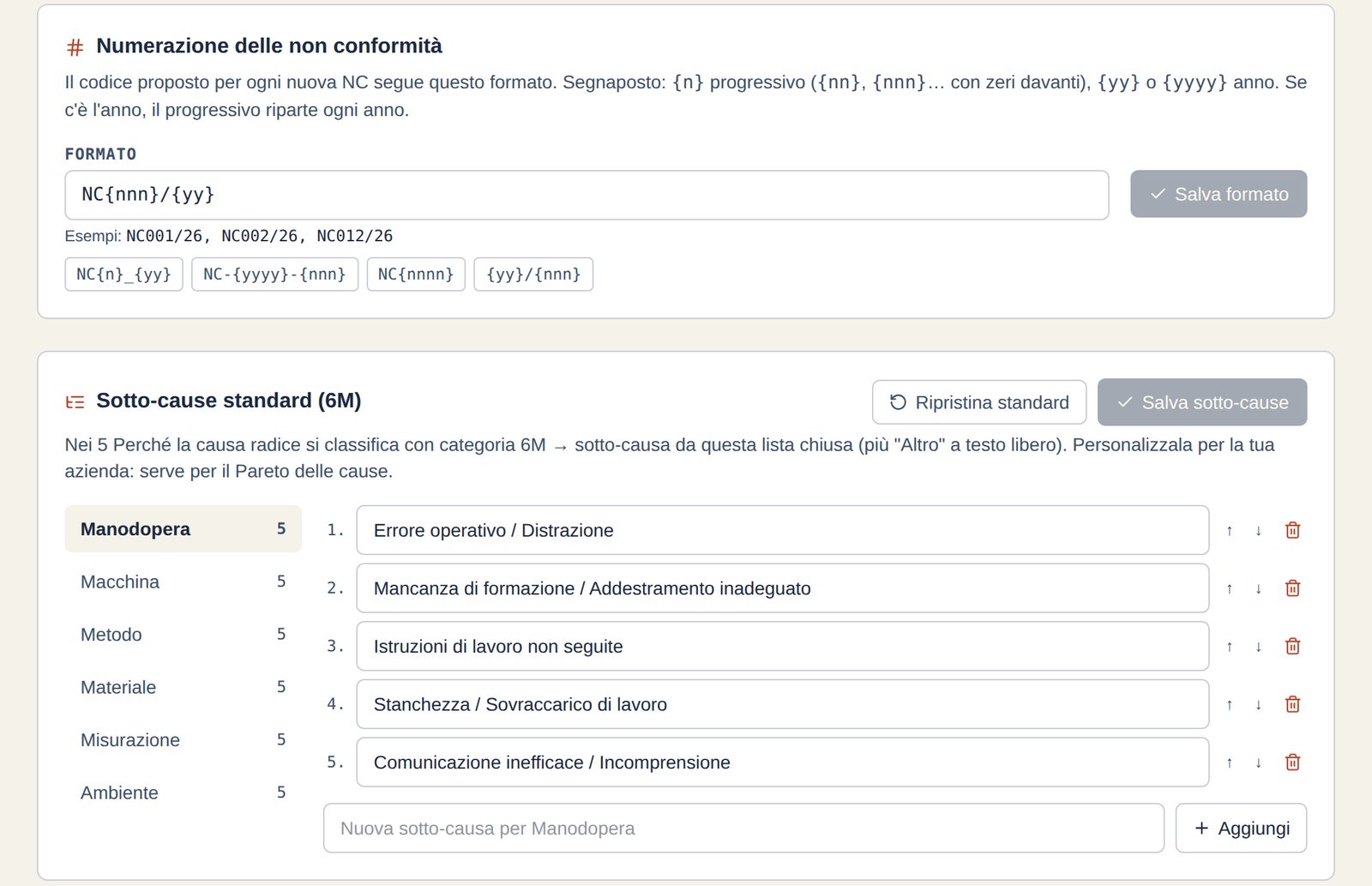 Pagina di configurazione con il formato della numerazione e l'elenco delle sotto-cause standard per categoria